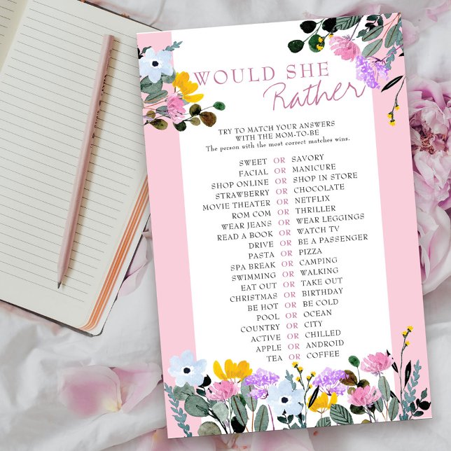 Would She Rather Wildflower Baby Shower Game (Would she rather guessing game card from my Wildflower Lawn Collection.
)