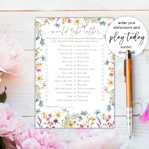 Would She Rather Wildflower Bridal Shower Game Invitation