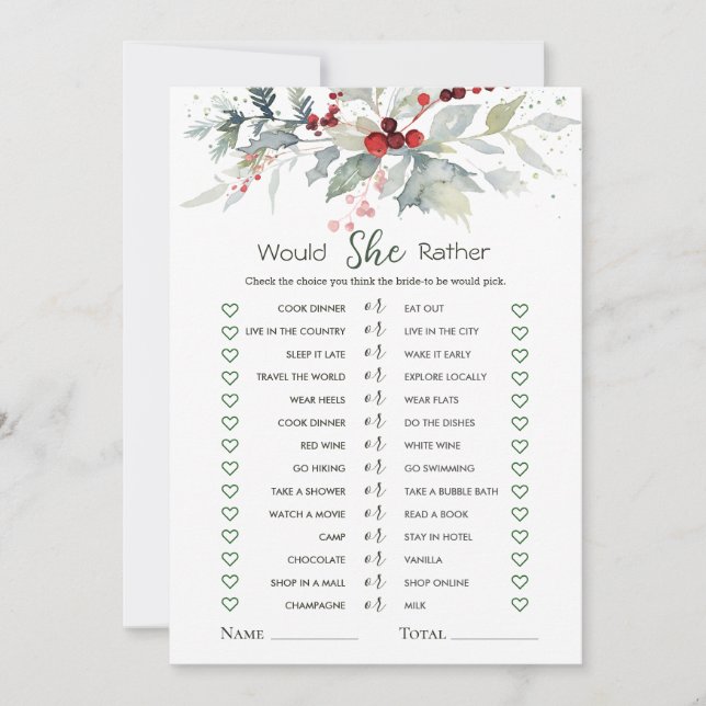 Would She Rather Winter Berry Foliage Bridal Game Invitation (Front)