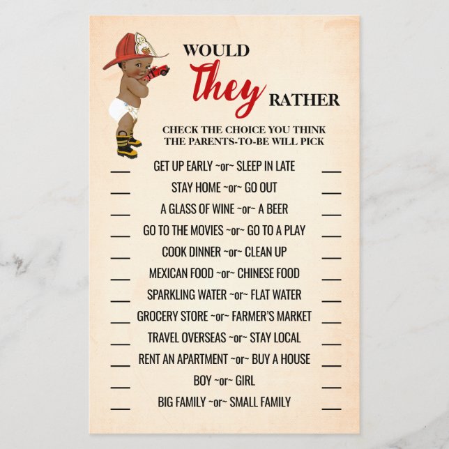 Would They Rather AA Fireman Baby Shower Game Card (Front)