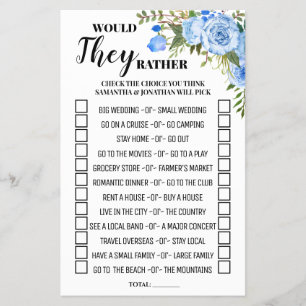 Would They Rather Blue Bridal Shower Game Card