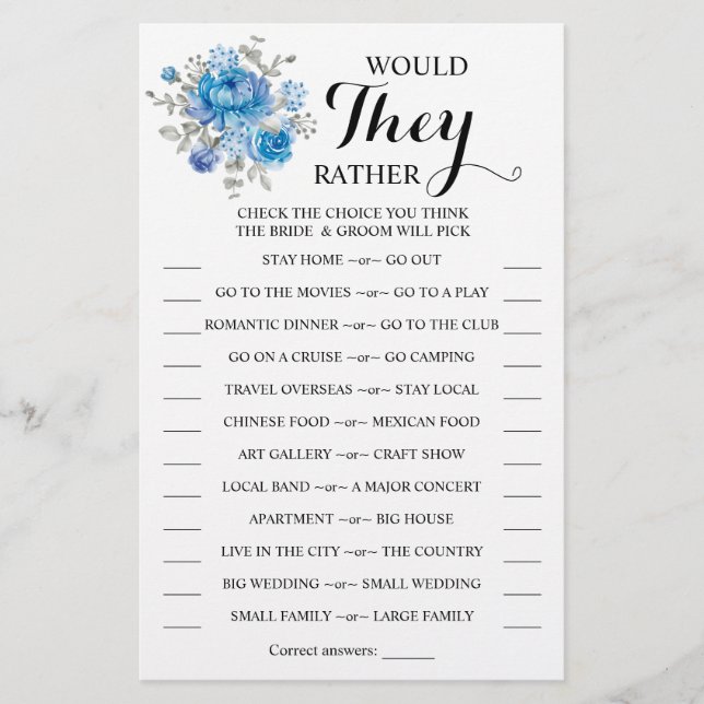 Would They Rather Blue Flower Shower Game Card (Front)
