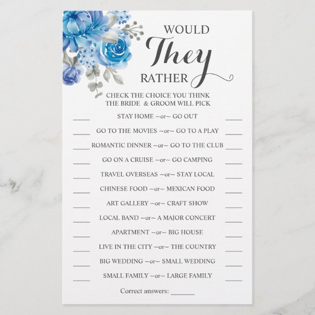 Would They Rather Blue Flower Shower Game Card (Front)