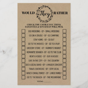 Would They Rather Bridal Shower Rustic Game Card