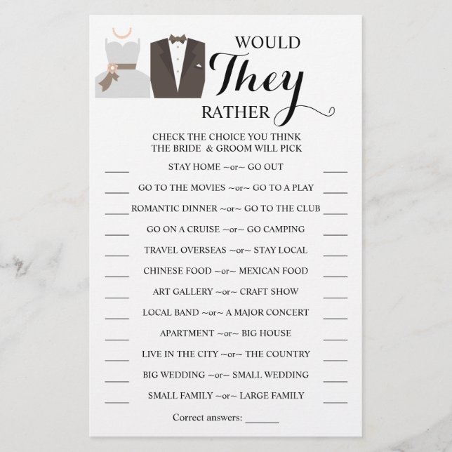 Would They Rather Bride & Groom Shower Game Card (Front)