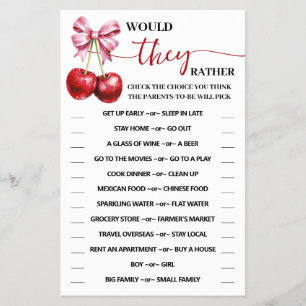 Would They Rather Cherry Coquette Shower Game Card