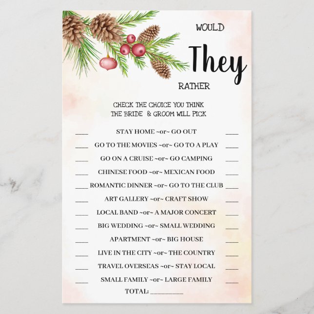 Would They Rather Christmas Shower Game Card (Front)