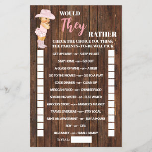 Would They Rather Cowgirl Baby Shower Game Card