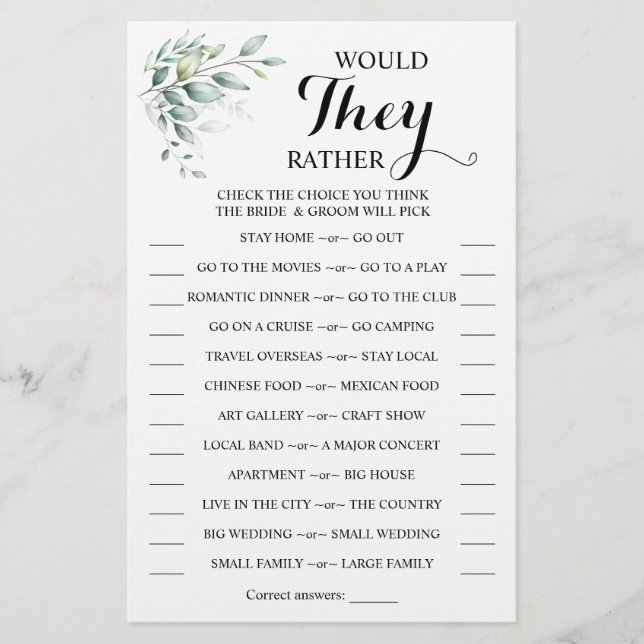 Would They Rather Eucaliptus Shower Game Card (Front)