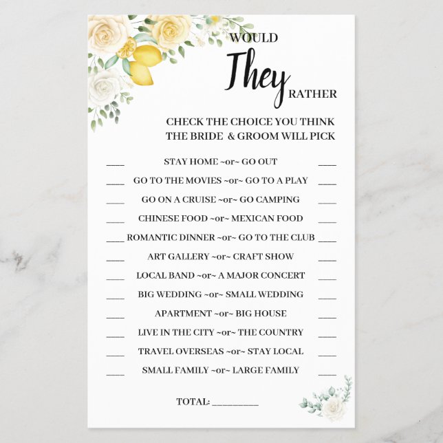 Would They Rather Lemons & Roses Shower Game Card (Front)