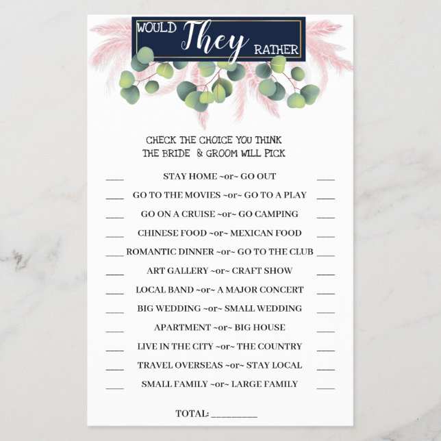 Would They Rather Pampas Grass Shower Game Card (Front)