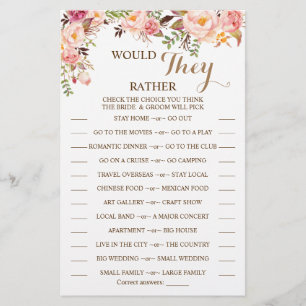 Would They Rather Pink Floral Shower Game Card