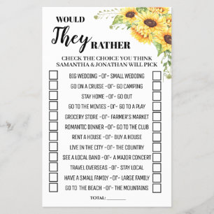 Would They Rather Sunflowers Shower game card