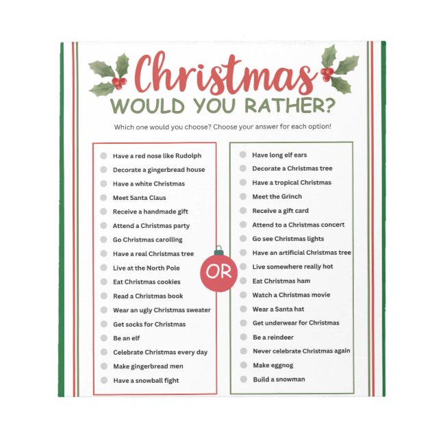 Would You Rather Christmas Game Notepad (Front)