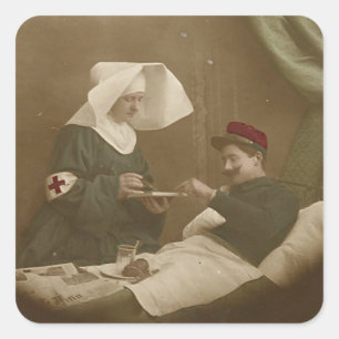 Wounded Soldier & French Nurse WWI Square Sticker