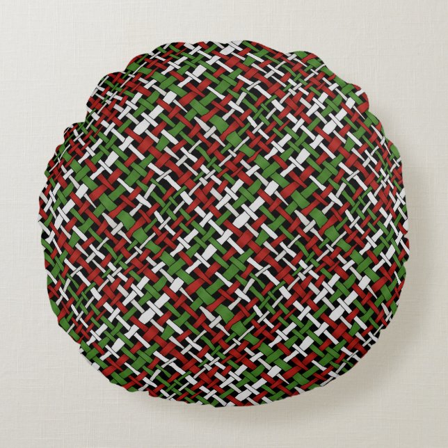 Woven Burlap Graphical Green Red White Round Cushion (Front)