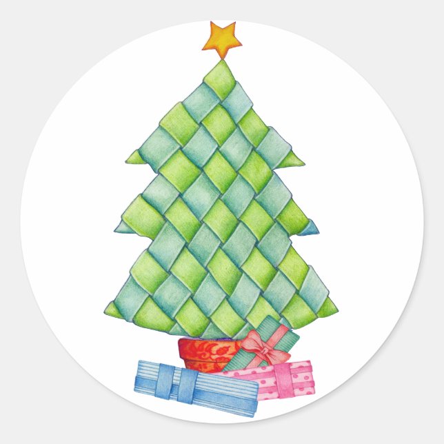 Woven Christmas Tree Classic Round Sticker (Front)