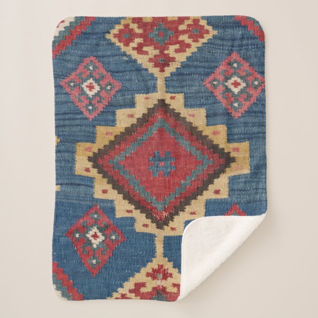 Woven Kilim Colourful Royal Blue Yellow  Sherpa Blanket (Front)