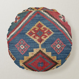 Woven Kilim Royal Blue Yellow Classic Round Cushion