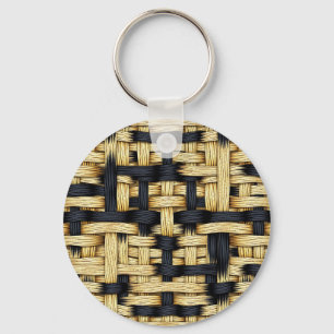 Woven Rattan Basketweave Texture Black Natural Key Ring