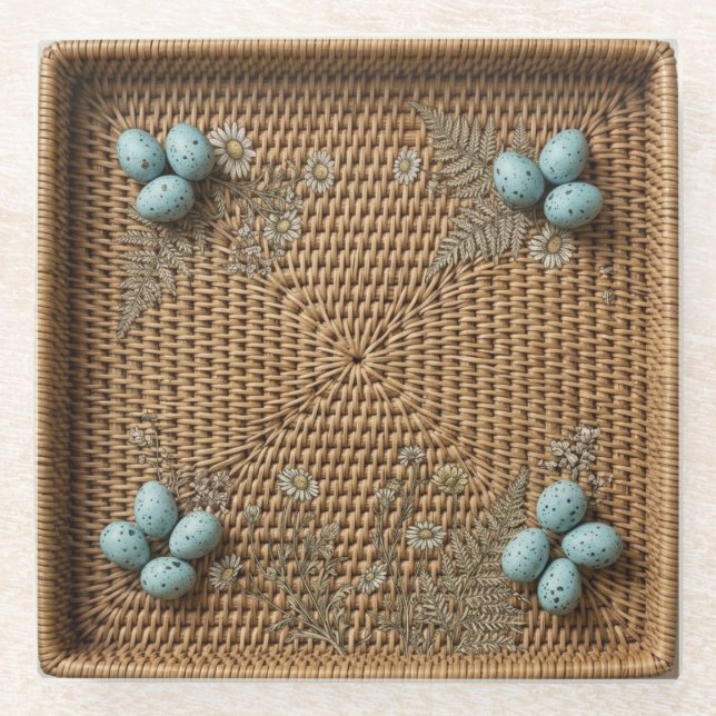 Woven Rattan & Blue Bird Eggs Square Glass Coaster (Front)
