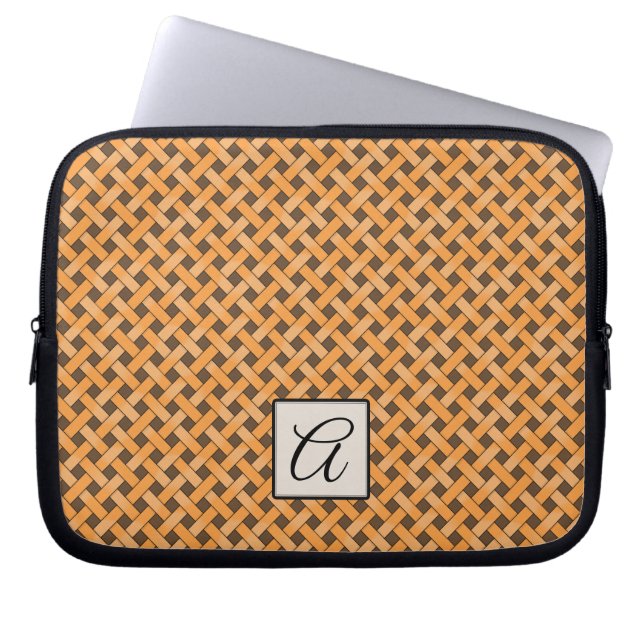 Woven Yellow Rattan on Custom Brown with Monogram Laptop Sleeve (Front)