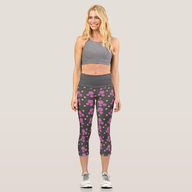Wow! Elegant dark grey and pink flowers pattern Capri Leggings (Front)