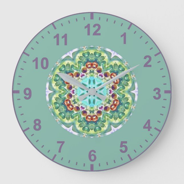 WOW! Fractal Pattern Green, Mauve White and Aqua Large Clock (Front)