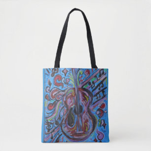 Wow Jazzy Blue Guitar Folk Art Tote Bag