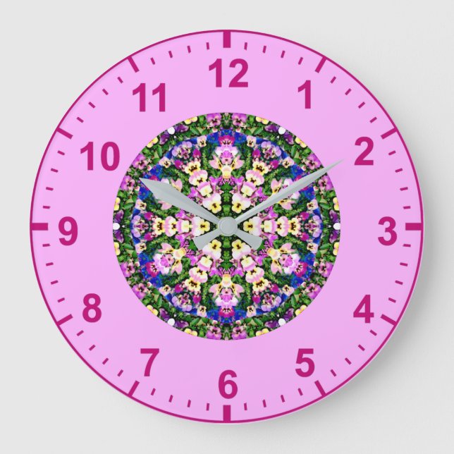 WOW! Multicoloured Miniature Pansies Pink Large Clock (Front)