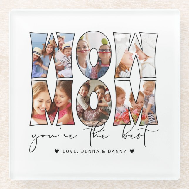 Wow Mum Quote 6 Modern Photo Collage White Glass Coaster (Front)