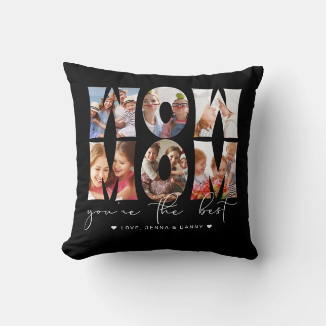 Wow Mum Quote Modern Black 6 Photo Collage Black Cushion (Front)