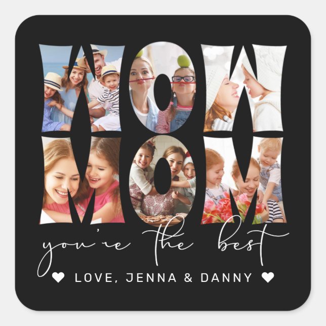 Wow Mum Quote Modern Black 6 Photo Collage Square Sticker (Front)