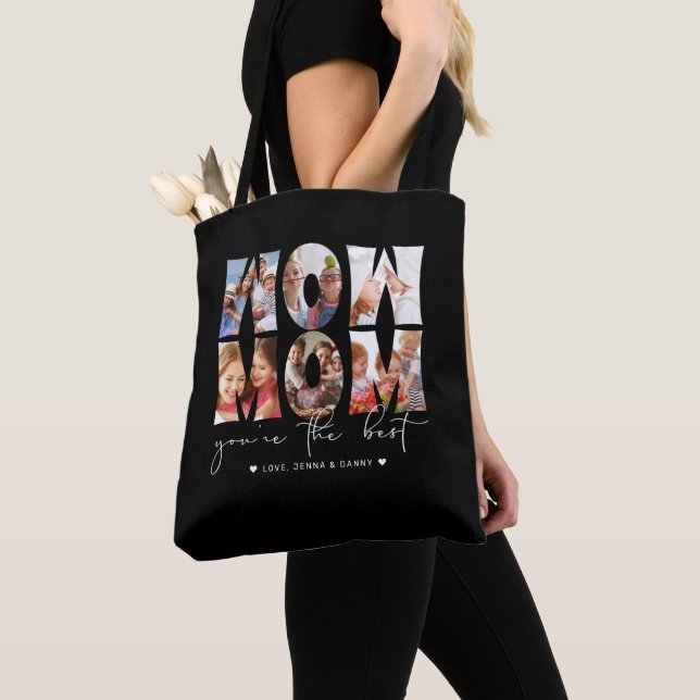 Wow Mum Quote Modern Black 6 Photo Collage Tote Bag (Close Up)