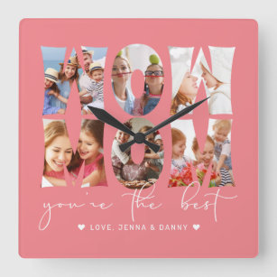 Wow Mum Quote Modern Coral Pink 6 Photo Collage  Square Wall Clock