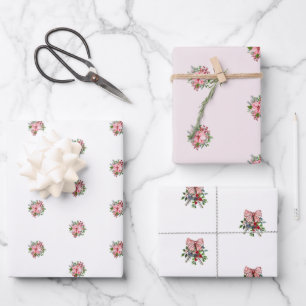 WP 3pc Pink Poinsettia Holly Berries Wrapping Paper Sheet