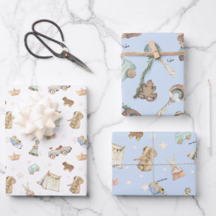 WP Blue   Name, Boy Oh Boy on Vintage Toys Wrapping Paper Sheet