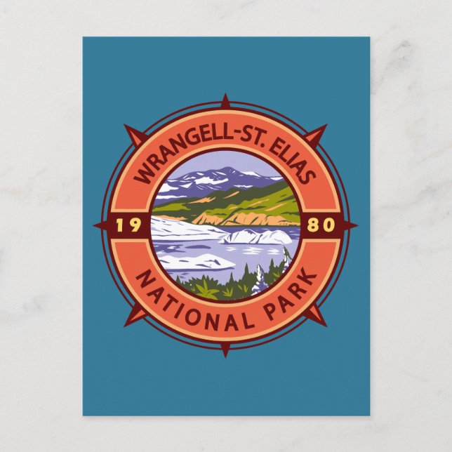 Wrangell St Elias National Park Retro Compass Postcard (Front)