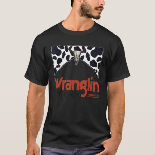 Wranglin Mama Western Cow Bull Skull Cowhide Print T-Shirt