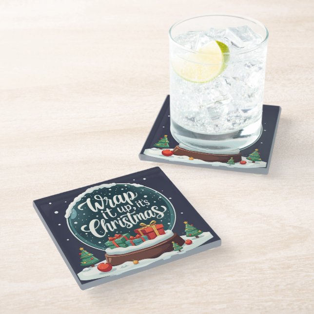 Wrap It Up It’s Christmas Snow Globe Design Glass Coaster (Angled)
