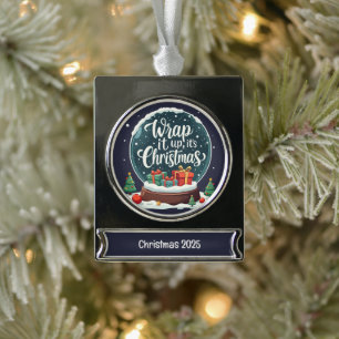 Wrap It Up It’s Christmas Snow Globe Design Silver Plated Banner Ornament