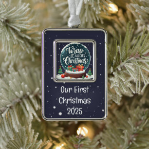 Wrap It Up It’s Christmas Snow Globe Design Silver Plated Framed Ornament