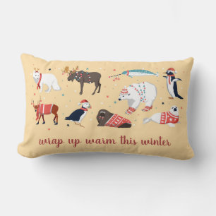 Wrap Up Warm Winter Animals Folk Art Christmas Lumbar Cushion