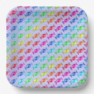 Wrapped candies with different colours paper plate