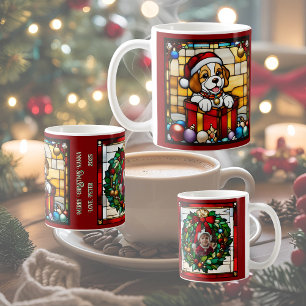 Wrapped Christmas Puppy Faux Stained Glass Coffee Mug