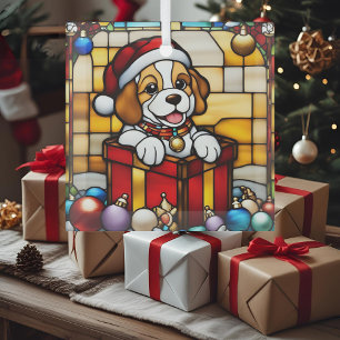 Wrapped Christmas Puppy Faux Stained Glass Tree Decoration