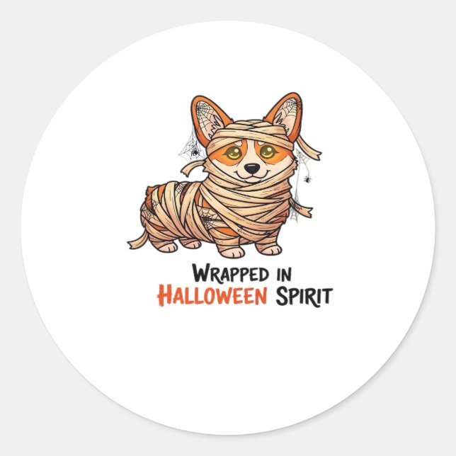 Wrapped in Halloween Spirit � Mummy Corgi with Spi Classic Round Sticker (Front)