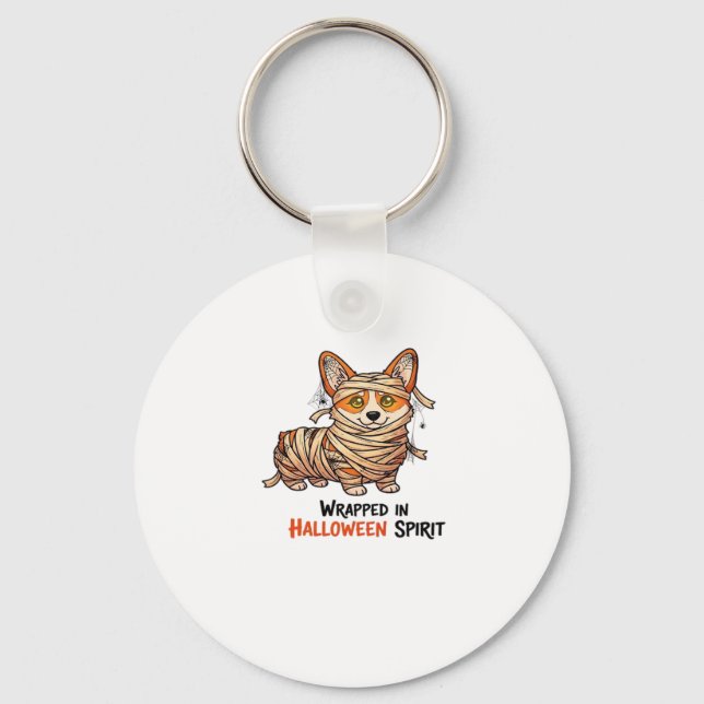 Wrapped in Halloween Spirit � Mummy Corgi with Spi Key Ring (Front)