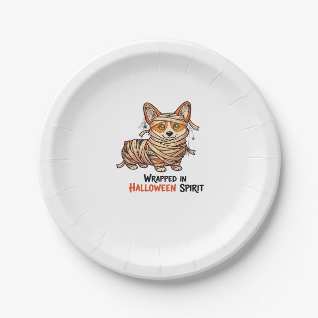 Wrapped in Halloween Spirit � Mummy Corgi with Spi Paper Plate (Front)