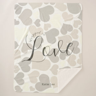 Wrapped in Love   Neutral Heart Pattern  Sherpa Blanket